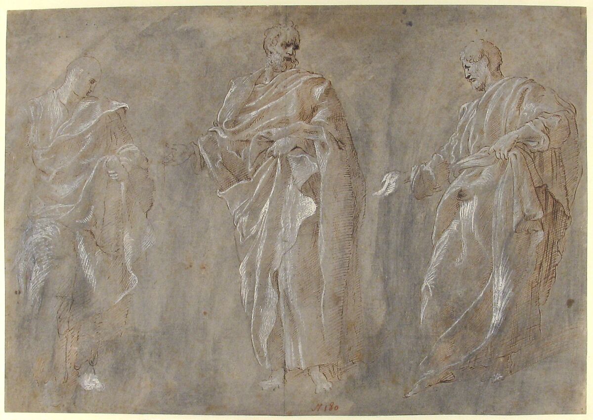 Three Standing Figures, After Francesco Primaticcio (Italian, Bologna 1504/5–1570 Paris), Pen and ink and white gouache, over traces of black chalk, on paper washed gray