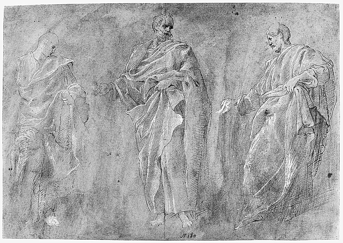Three Standing Figures, After Francesco Primaticcio (Italian, Bologna 1504/5–1570 Paris), Pen and ink and white gouache, over traces of black chalk, on paper washed gray