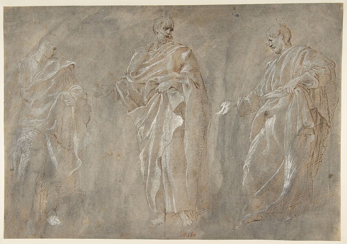 Three Standing Figures, Francesco Primaticcio  Italian, Pen and ink and white gouache, over traces of black chalk, on paper washed gray