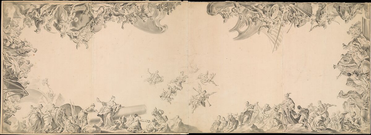 Design for a Ceiling: Allegories of the Four Continents, Giovanni Antonio Pellegrini (Italian, Venice 1675–1741 Venice), Brush and gray wash, over graphite or lead; framing lines in pen and black ink. Four sections of paper, two center parts joined together 