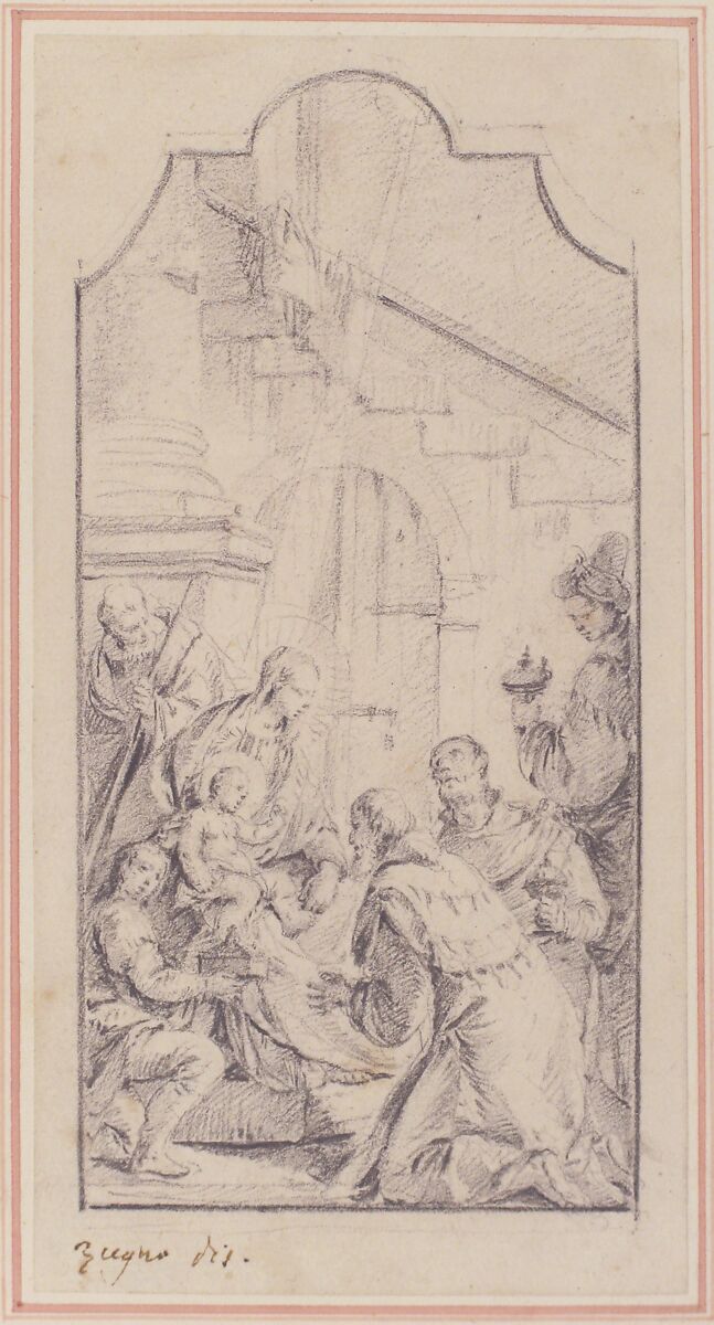 The Adoration of the Magi, Francesco Zugno (Italian, Venice 1709–1787 Venice), Graphite, drawing in upright rectangle with scalloped top. Framing lines in graphite