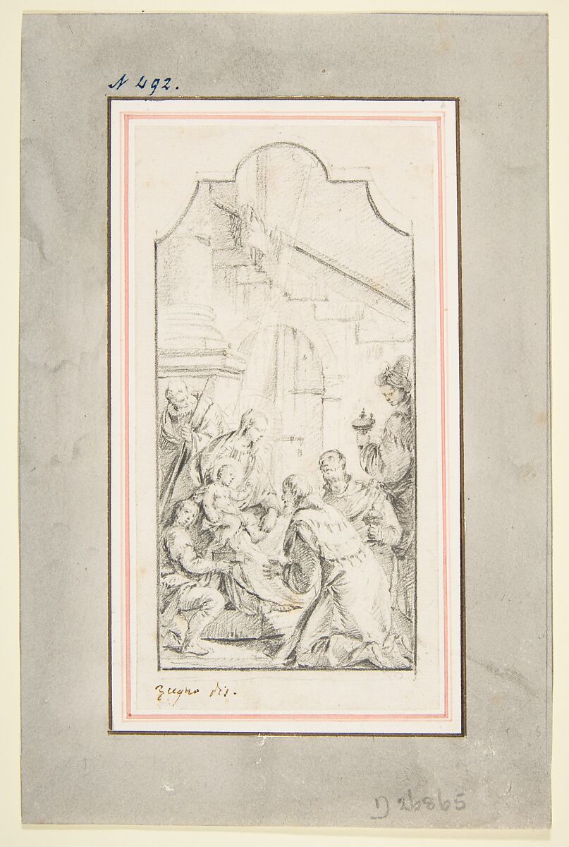 The Adoration of the Magi, Francesco Zugno (Italian, Venice 1709–1787 Venice), Graphite, drawing in upright rectangle with scalloped top. Framing lines in graphite