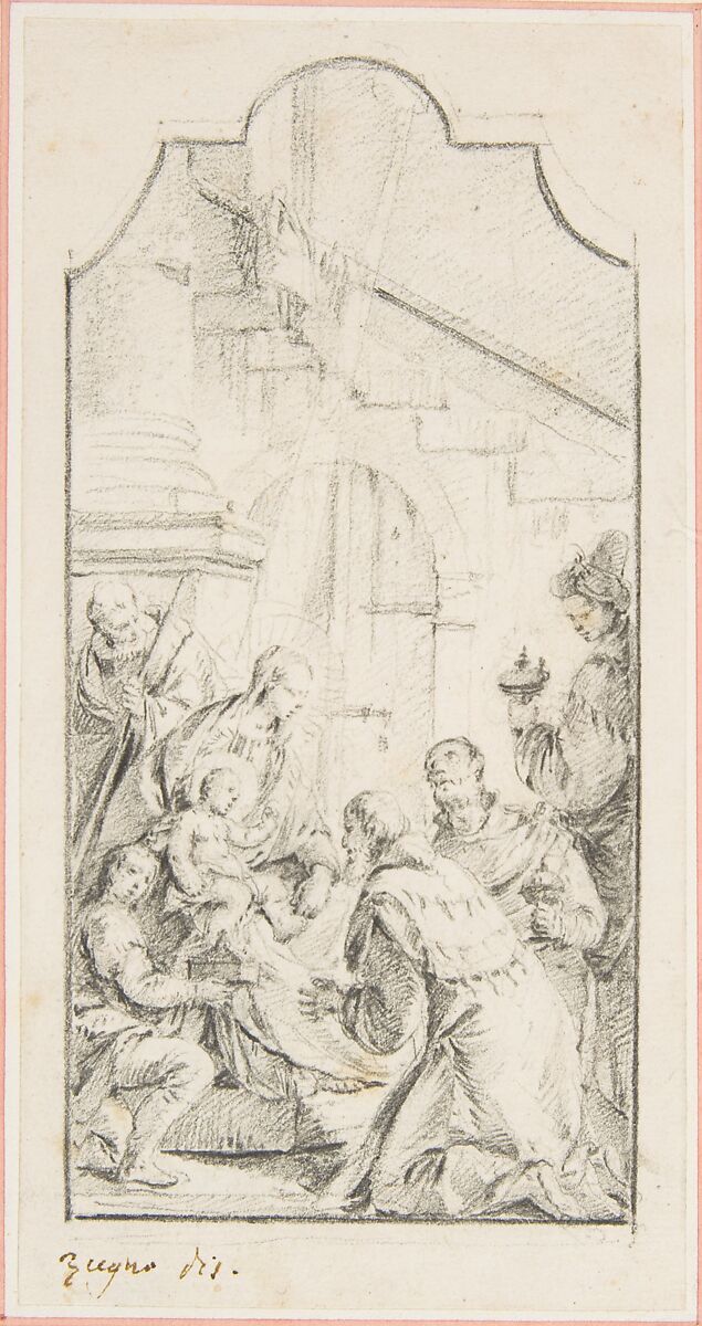 The Adoration of the Magi, Francesco Zugno (Italian, Venice 1709–1787 Venice), Graphite, drawing in upright rectangle with scalloped top. Framing lines in graphite 