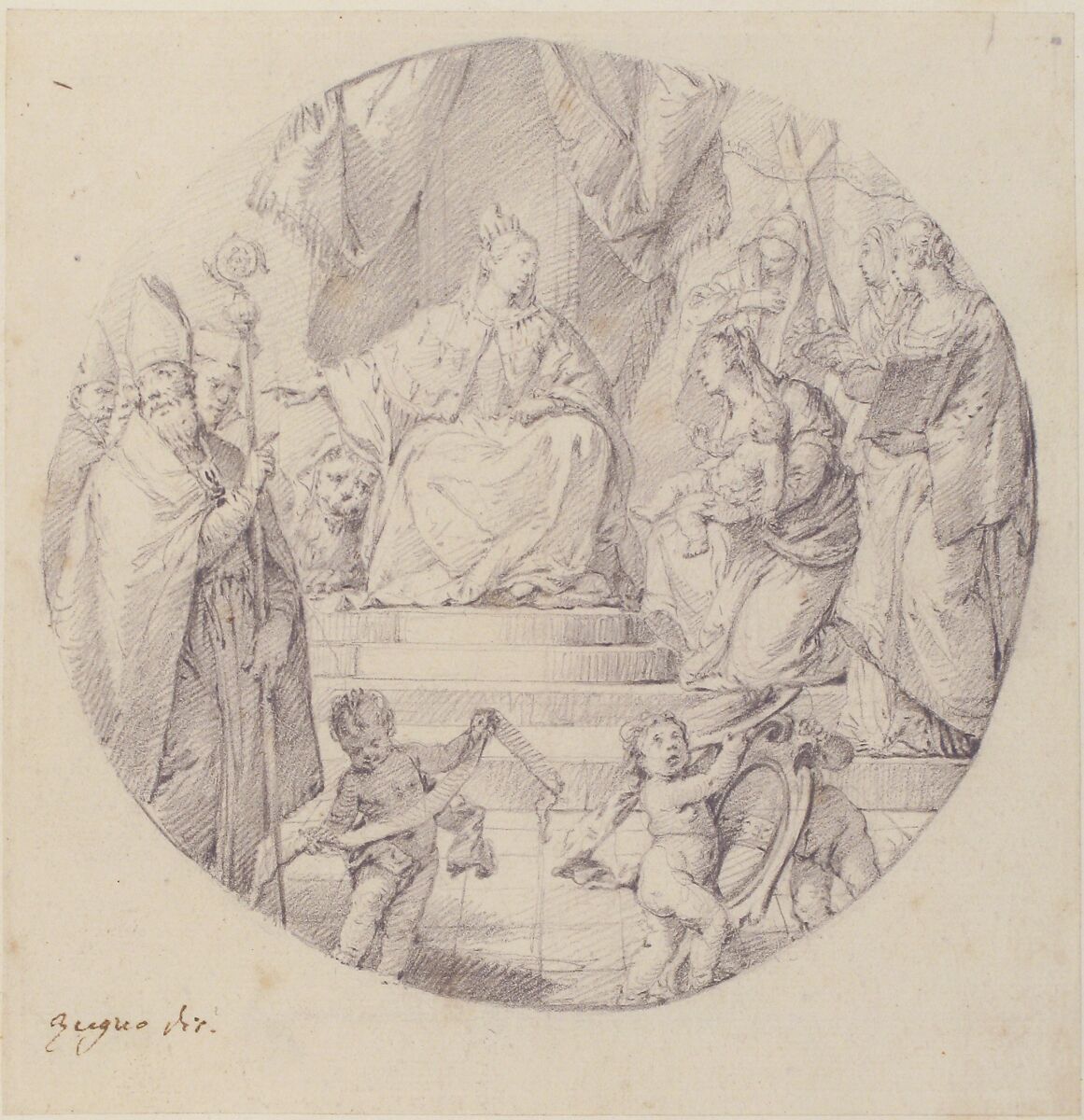 Nobility Presenting an Infant to Venice, Francesco Zugno (Italian, Venice 1709–1787 Venice), Graphite, drawing in form of tondo