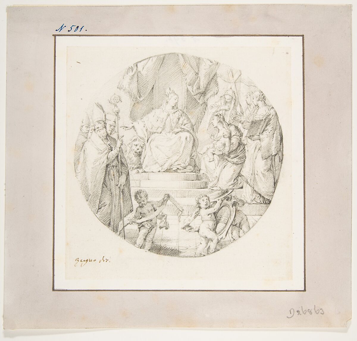 Nobility Presenting an Infant to Venice, Francesco Zugno (Italian, Venice 1709–1787 Venice), Graphite, drawing in form of tondo