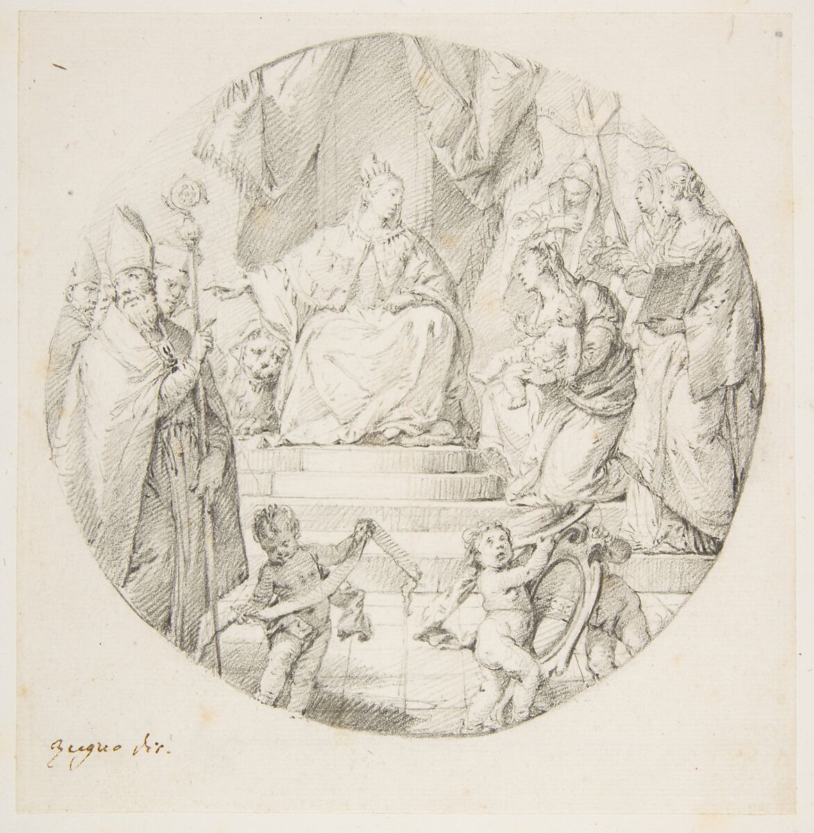 Nobility Presenting an Infant to Venice, Francesco Zugno (Italian, Venice 1709–1787 Venice), Graphite, drawing in form of tondo 