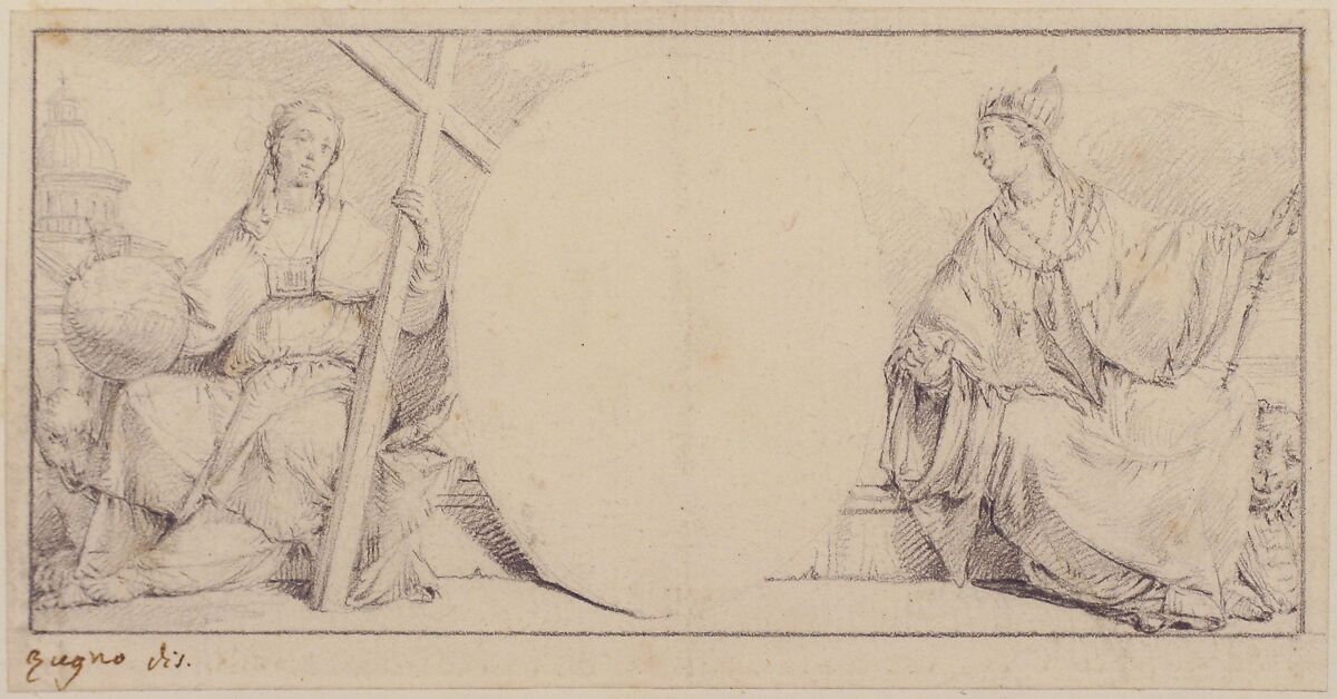 Allegorical Figures of Religion and Venice Flanking an Empty Cartouche, Francesco Zugno (Italian, Venice 1709–1787 Venice), Graphite; framing lines in graphite