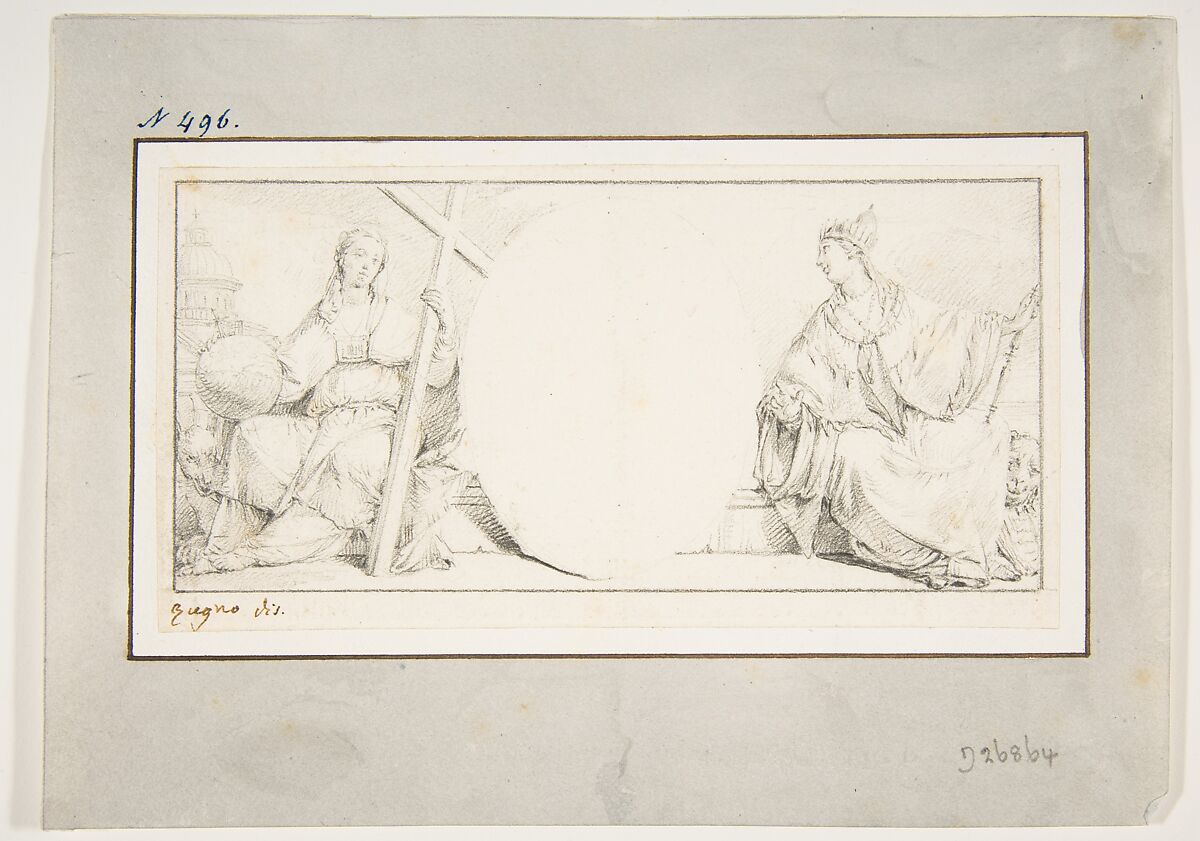 Allegorical Figures of Religion and Venice Flanking an Empty Cartouche, Francesco Zugno (Italian, Venice 1709–1787 Venice), Graphite; framing lines in graphite