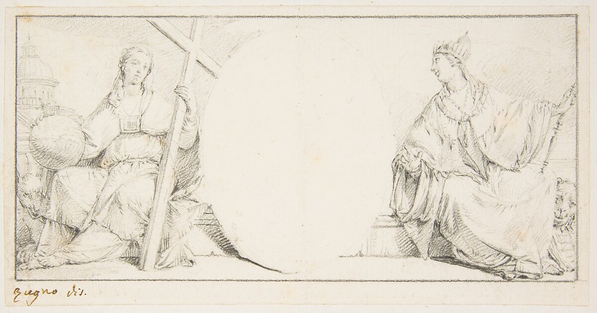 Allegorical Figures of Religion and Venice Flanking an Empty Cartouche, Francesco Zugno (Italian, Venice 1709–1787 Venice), Graphite; framing lines in graphite 