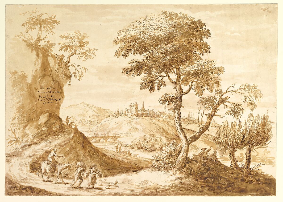Landscape with a Town in the Distance, Anton Maria Zanetti the Elder (Italian, Venice 1680–1767 Venice), Pen and brown ink, brush and brown wash 