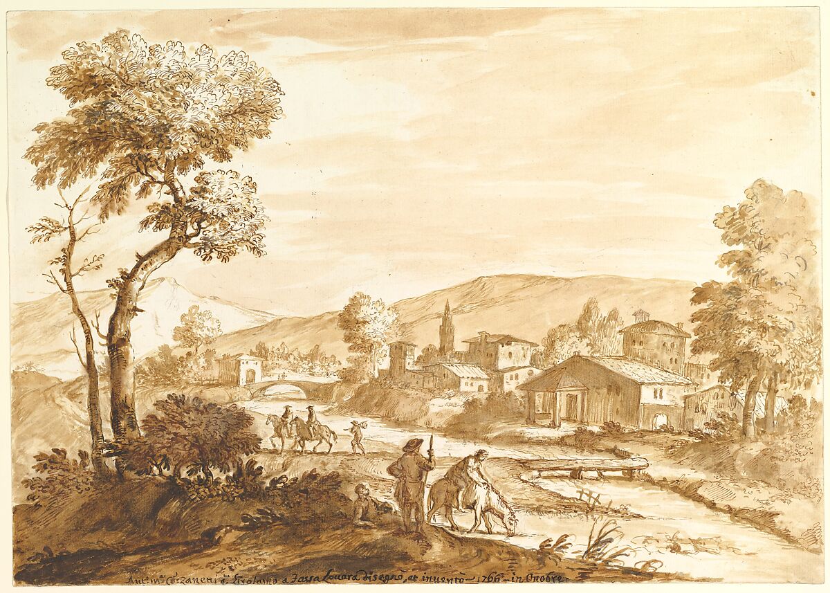Landscape with a Town by a River, Anton Maria Zanetti the Elder (Italian, Venice 1680–1767 Venice), Pen and brown ink, brush and brown wash, over graphite or lead 