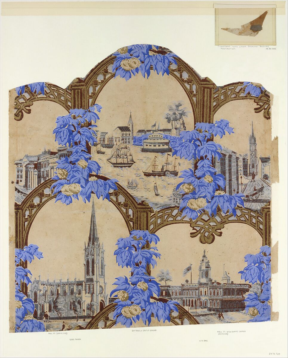 Wallpaper Decorated with New York City Landmarks, Anonymous, American, 19th century, Block printed in colors (blue, brown, gray, and black)
