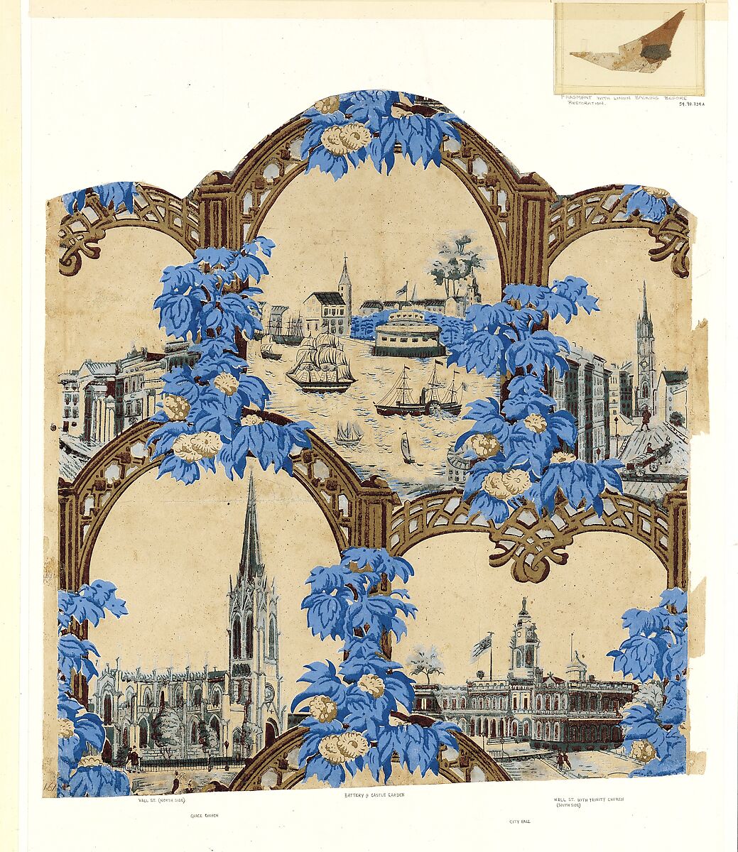 Wallpaper Decorated with New York City Landmarks, Anonymous, American, 19th century, Block printed in colors (blue, brown, gray, and black) 