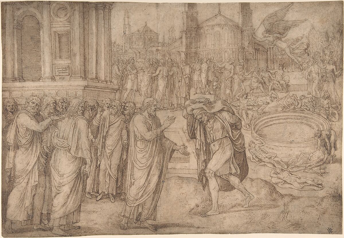 Christ Healing at the Pool of Bethesda, Lambert Lombard (Netherlandish, Liège 1506–1566 Liège), Pen and brown ink 