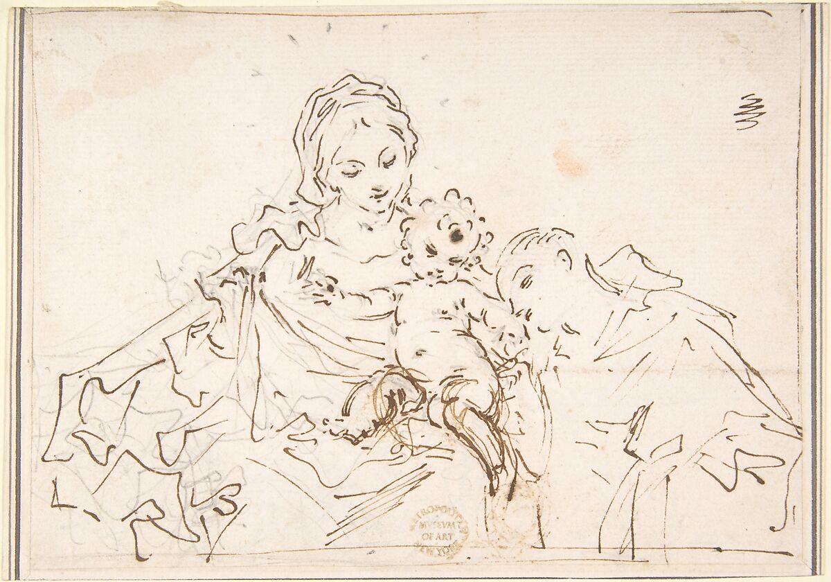 Madonna and Child with Worshipper, Anonymous, Italian, 17th century, Pen and brown ink over black chalk on cream paper; framing outline in brown ink 