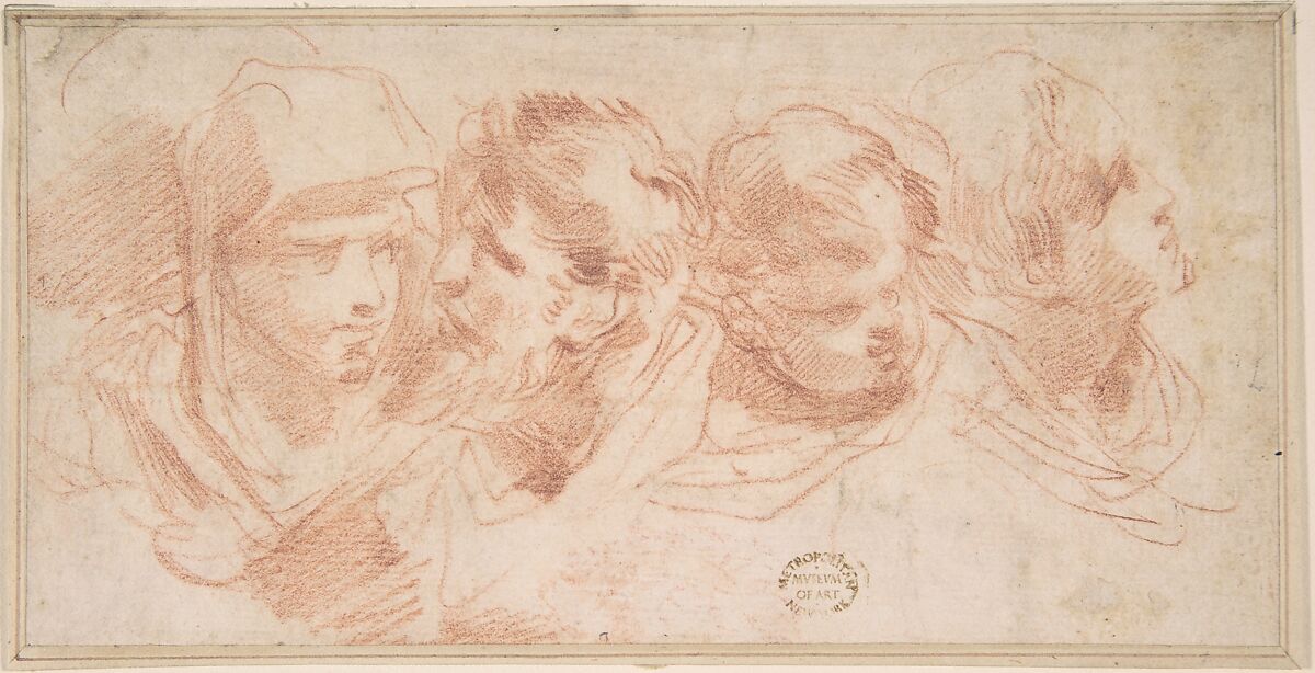 Studies of Four Heads, Anonymous, Italian, Roman-Bolognese, 17th century, Red chalk on cream paper 