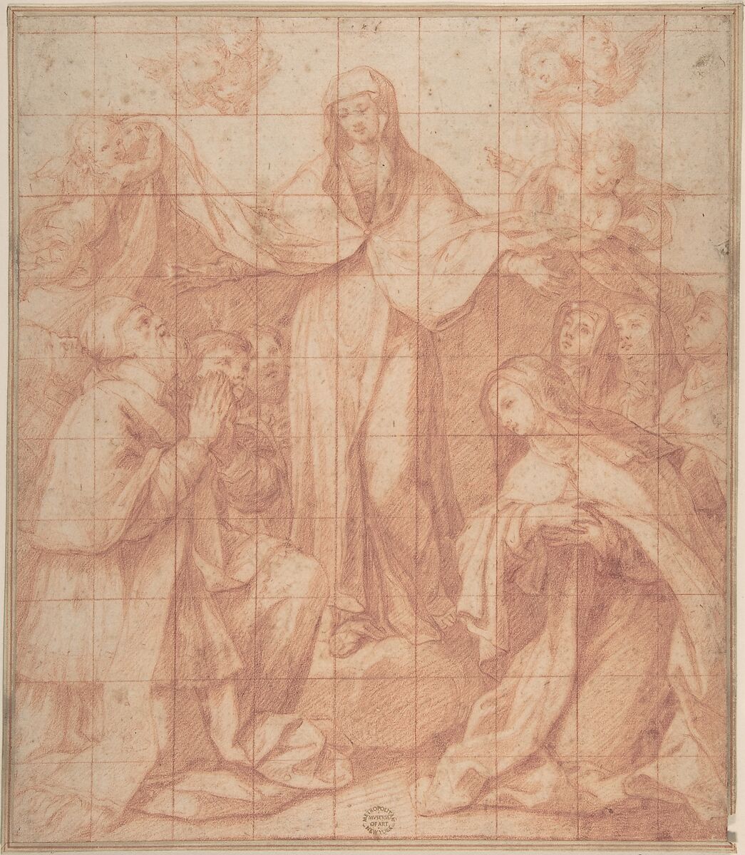 Madonna of Mercy, Anonymous, Italian, Roman-Bolognese, 17th century, Red chalk on cream paper; squared in red chalk 