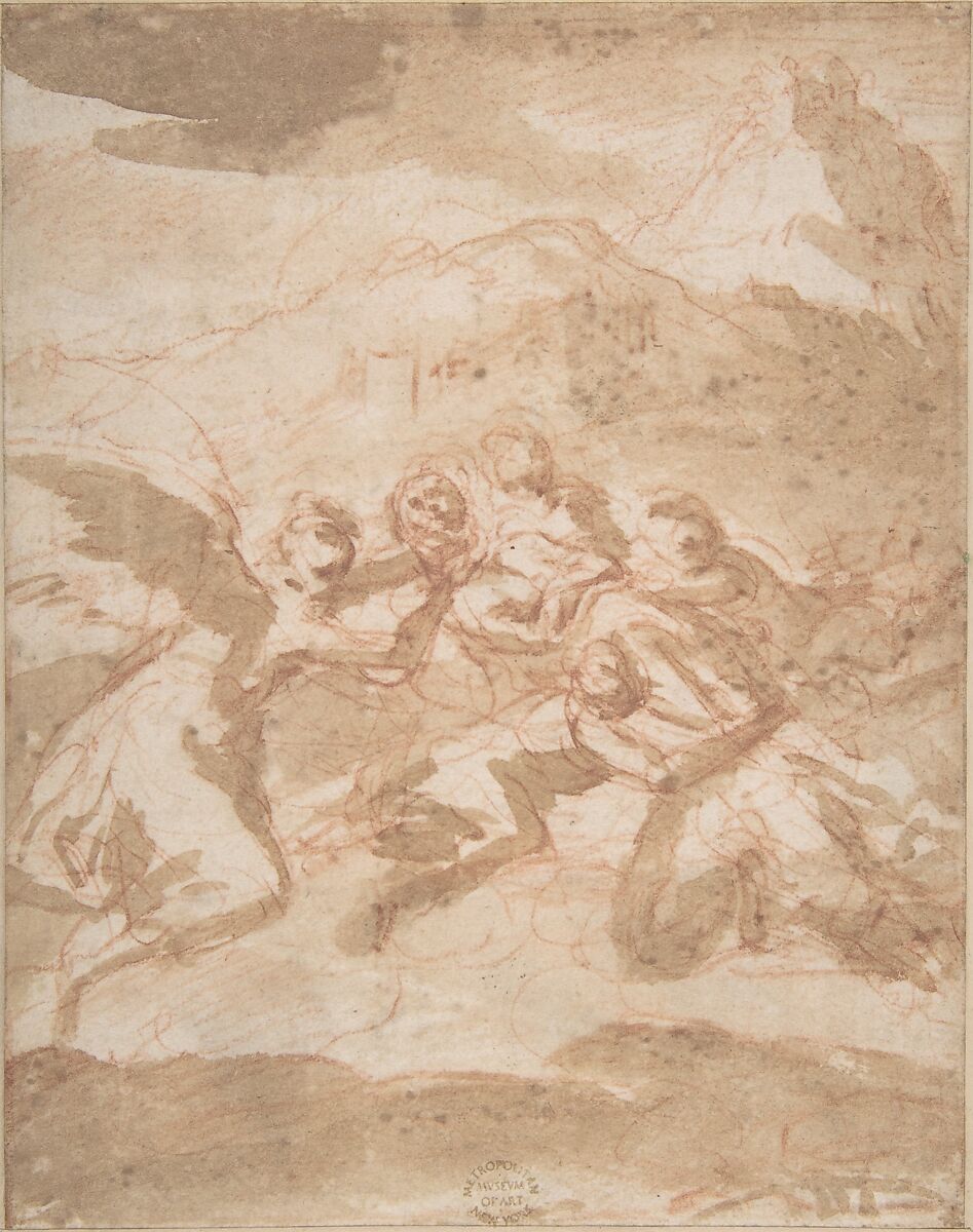 Angels Carrying a Saint, Anonymous, Italian, Roman-Bolognese, 17th century, Red chalk, brush and brown wash on cream paper 