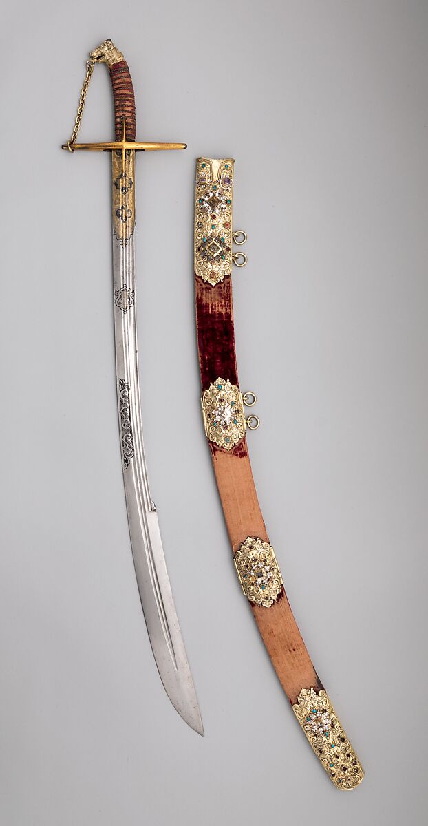 Saber with Scabbard and Carrying Belt, Stamped with what may be the mark of Georg Hoffmann (Polish, Breslau (now Wrocław, Poland), recorded 1596–1609), Steel, gold, silver, leather, wood, textile, semiprecious stones, Polish 