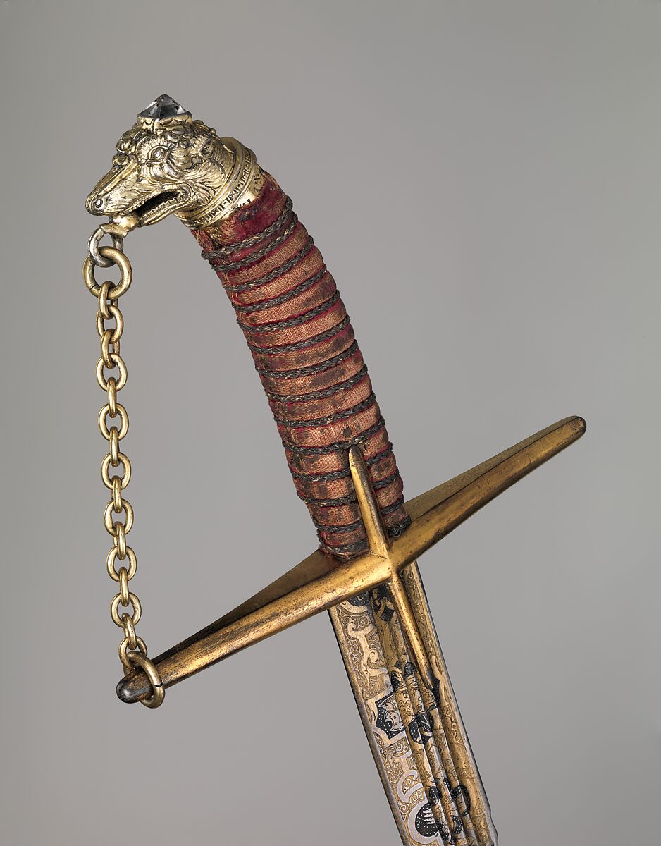 Saber with Scabbard and Carrying Belt, Stamped with what may be the mark of Georg Hoffmann (Polish, Breslau (now Wrocław, Poland), recorded 1596–1609), Steel, gold, silver, leather, wood, textile, semiprecious stones, Polish