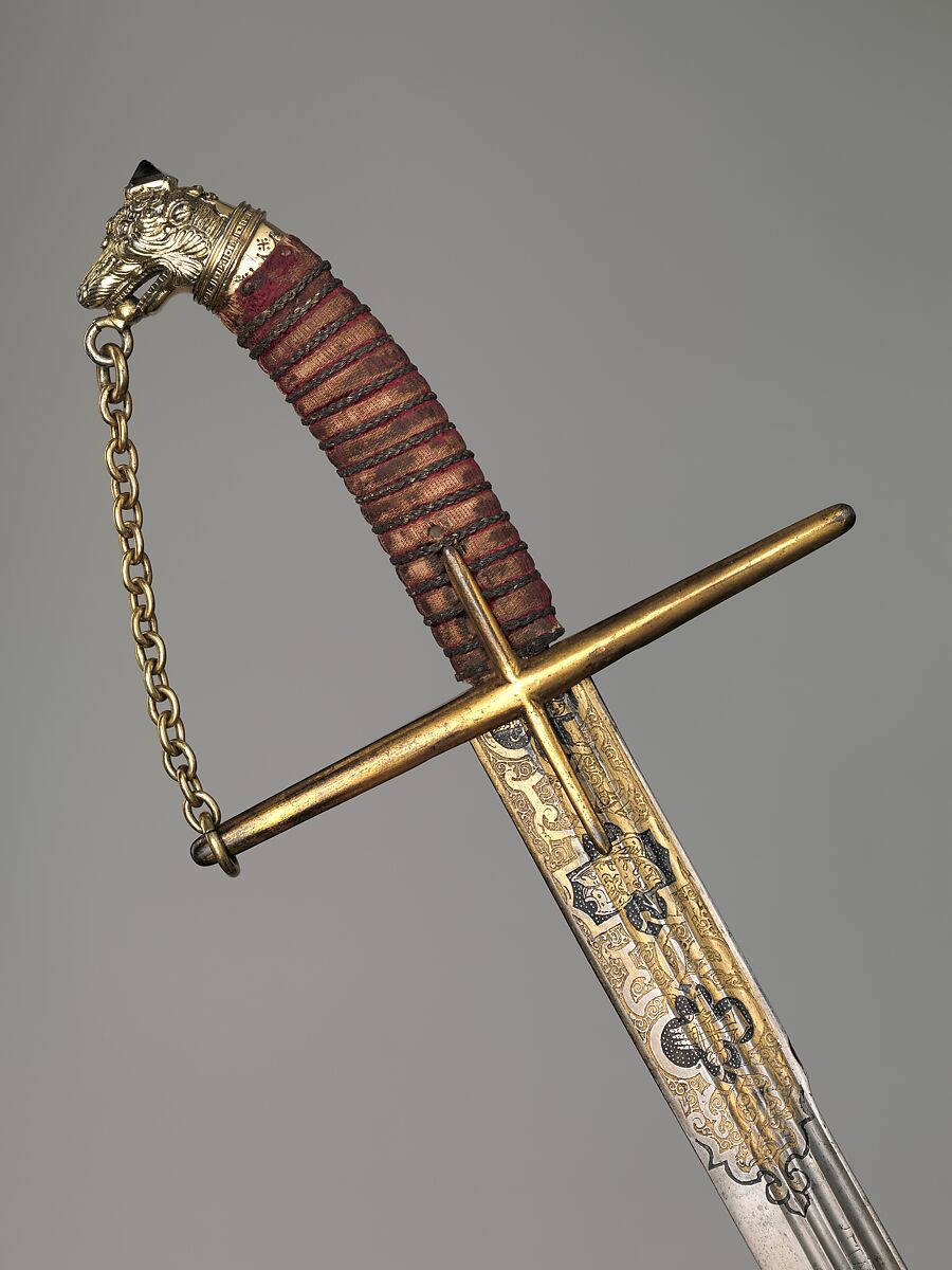 Saber with Scabbard and Carrying Belt, Stamped with what may be the mark of Georg Hoffmann (Polish, Breslau (now Wrocław, Poland), recorded 1596–1609), Steel, gold, silver, leather, wood, textile, semiprecious stones, Polish