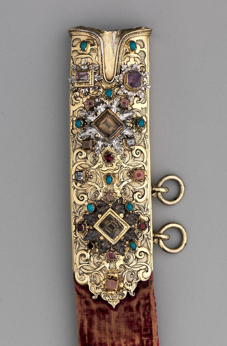 Saber with Scabbard and Carrying Belt, Stamped with what may be the mark of Georg Hoffmann (Polish, Breslau (now Wrocław, Poland), recorded 1596–1609), Steel, gold, silver, leather, wood, textile, semiprecious stones, Polish