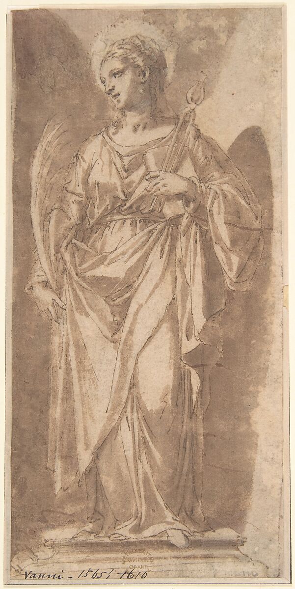 Saint Apollonia of Alexandria, Anonymous, Italian, Roman-Bolognese, 17th century, Pen and brown ink, brush and brown wash, on light brown paper 