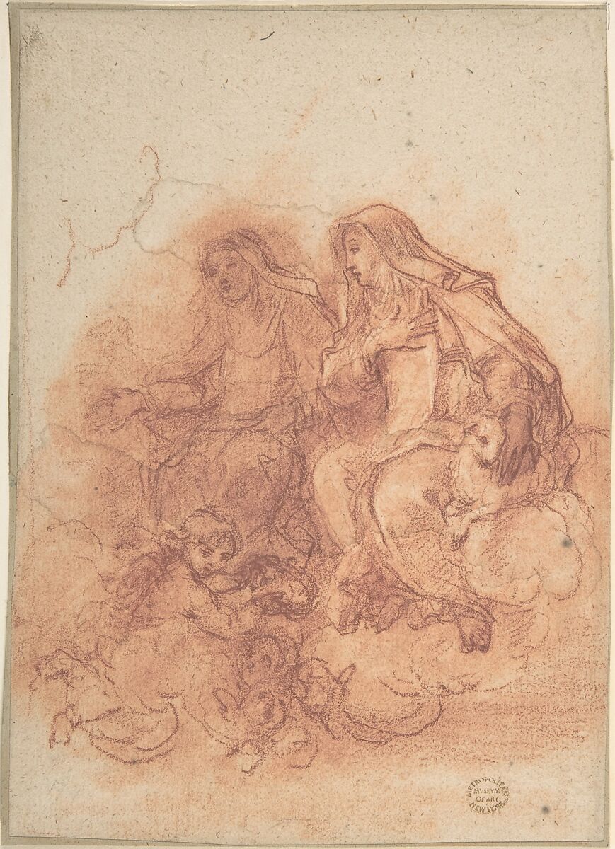 Saint Agnes and a Female Saint, Anonymous, Italian, Roman-Bolognese, 17th century, Red chalk, stumped, on light brown paper 