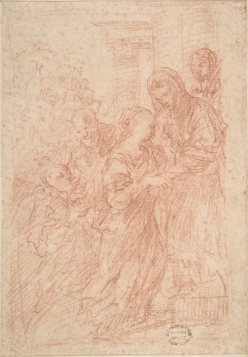 The Visitation, Anonymous, Italian, Roman-Bolognese, 17th century, Red chalk on light brown paper 