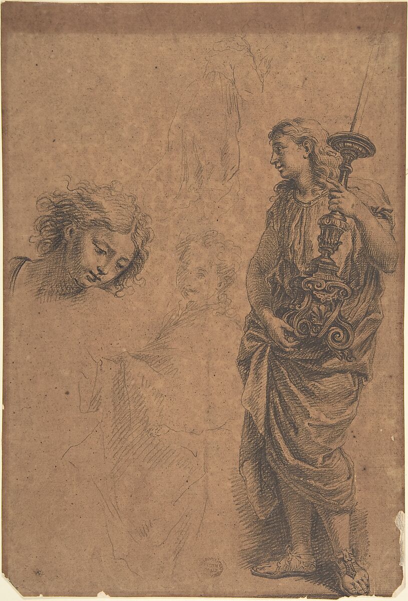 Studies: Figure Holding a Candlestand, Woman with Left Arm Extended, Head Looking Down towards the Right, Kneeling Woman, Anonymous, Italian, Roman-Bolognese, 17th century, Black chalk on brown paper 