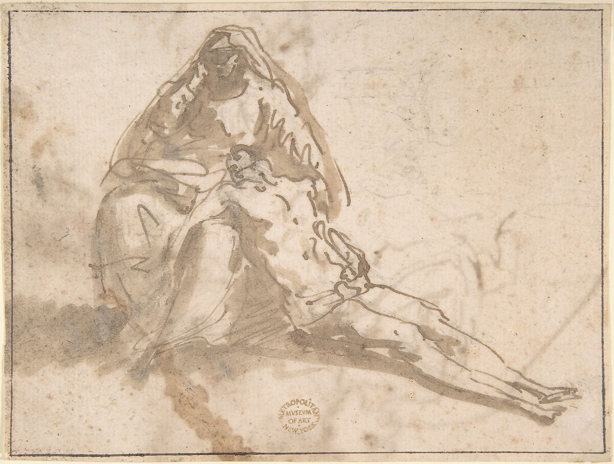 Pietà (recto); Sketches of Kneeling Figures, Putto (verso), Domenico Mondo (Italian, Capodrise near Caserta 1723–1806 Naples), Pen and brown ink, brush and brown wash over black chalk on light brown laid paper (recto); ruled framing outlines in pen and brown ink. Pen and brown ink, black chalk (verso) 