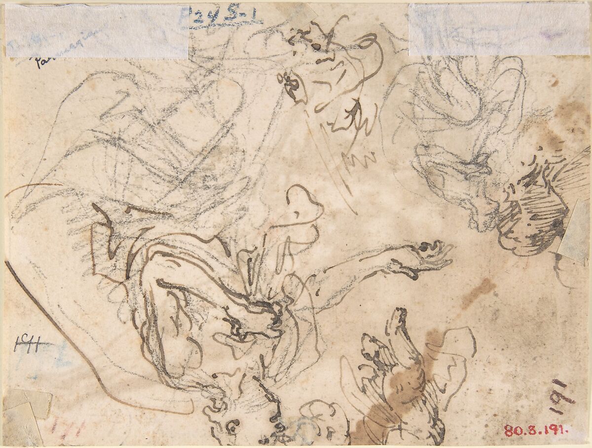 Pietà (recto); Sketches of Kneeling Figures, Putto (verso), Domenico Mondo (Italian, Capodrise near Caserta 1723–1806 Naples), Pen and brown ink, brush and brown wash over black chalk on light brown laid paper (recto); ruled framing outlines in pen and brown ink. Pen and brown ink, black chalk (verso)