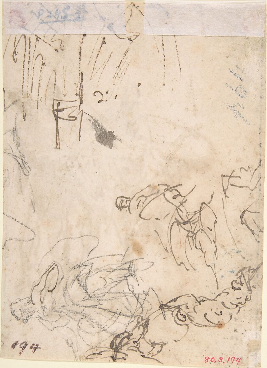 Three Figures (recto); Sketches of Kneeling Figures and Putti (verso), Domenico Mondo (Italian, Capodrise near Caserta 1723–1806 Naples), Pen and brown ink, brush and brown wash, over black chalk on light brown paper (recto). Ruled framing outlines in pen and brown ink on left, top, and right edges. Black chalk, pen and brown ink (verso)