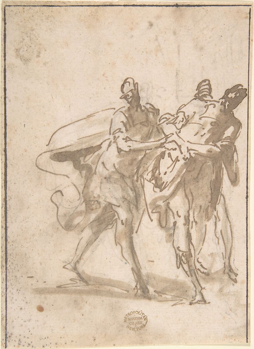 Three Figures (recto); Sketches of Kneeling Figures and Putti (verso), Domenico Mondo (Italian, Capodrise near Caserta 1723–1806 Naples), Pen and brown ink, brush and brown wash, over black chalk on light brown paper (recto). Ruled framing outlines in pen and brown ink on left, top, and right edges. Black chalk, pen and brown ink (verso) 