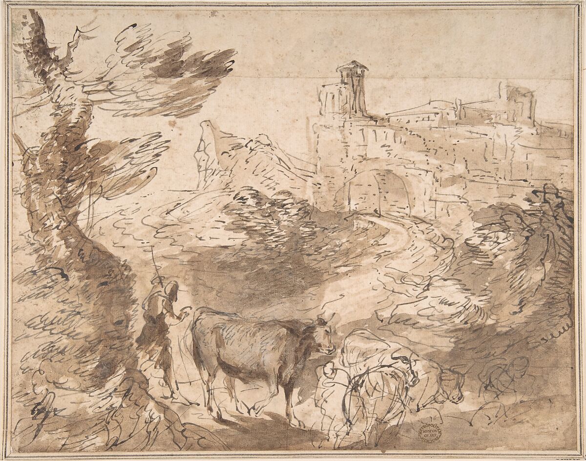Landscape with Herdsman, Anonymous, Italian, Roman-Bolognese, 17th century, Pen and brown ink, brush and brown wash on cream paper 