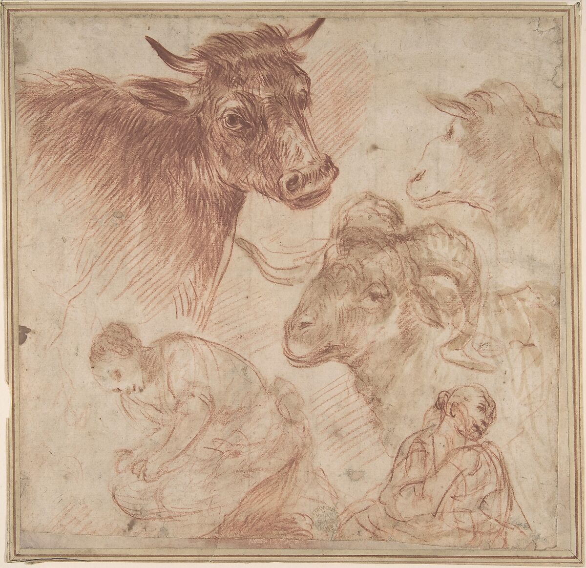 Studies of Animal Heads and Figures, Anonymous, Italian, Roman-Bolognese, 17th century, Red chalk, brush and brown wash on light brown paper 