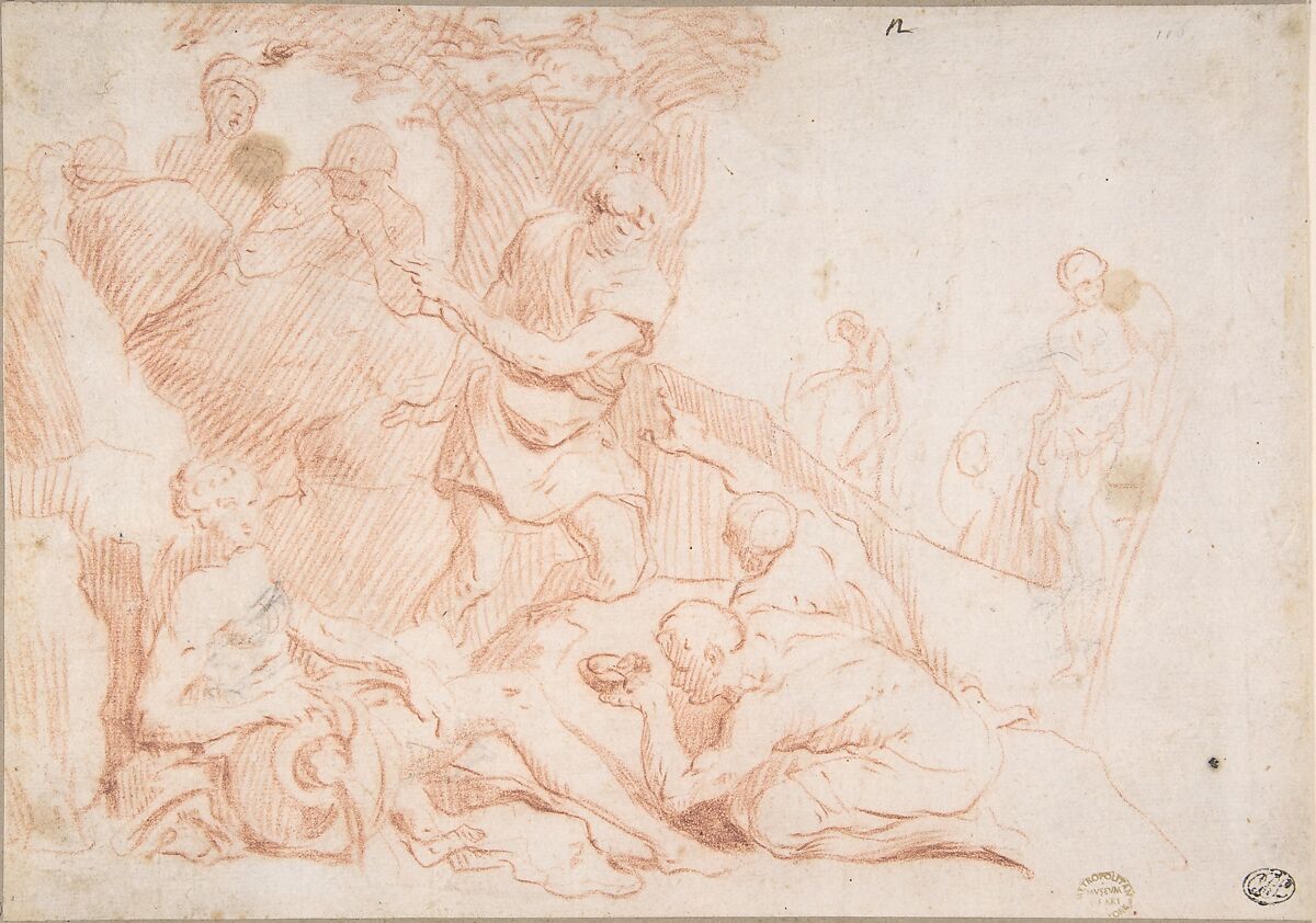 Figures and a River God, Anonymous, Italian, Roman-Bolognese, 17th century, Red chalk on cream paper 