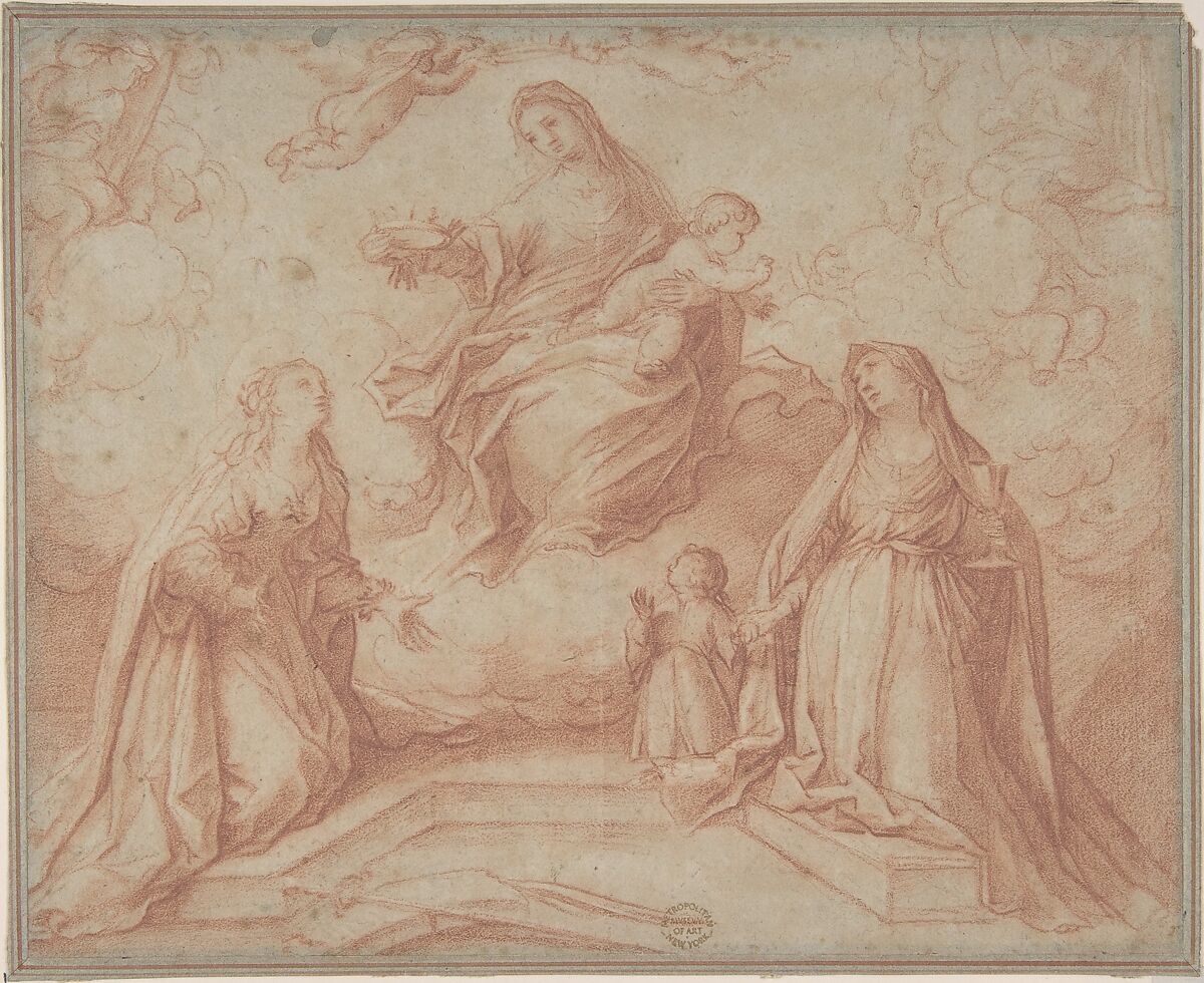 Madonna and Child with Saints, Anonymous, Italian, Roman-Bolognese, 17th century, Red chalk on light blue paper faded to gray-brown 