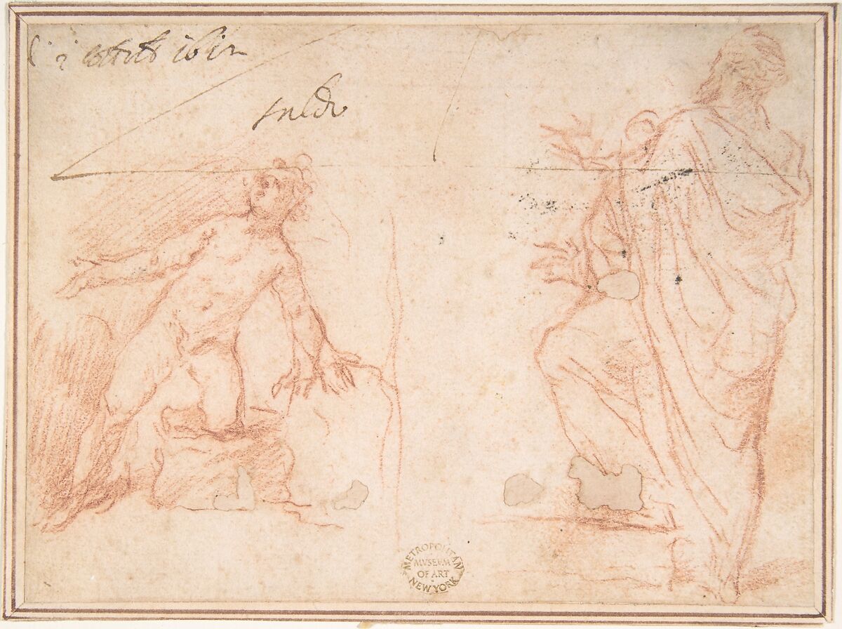 Two Figures: Nude Youth on One Knee, Man Standing with Left Foot Raised, Anonymous, Italian, Roman-Bolognese, 17th century, Red chalk, pen and brown ink on cream paper 