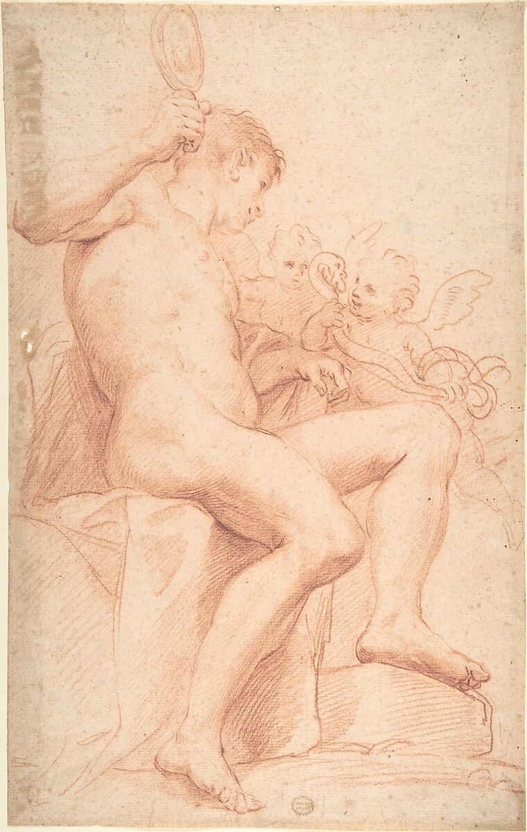 Nude Male with Two Putti, Anonymous, Italian, Roman-Bolognese, 17th century, Red chalk on light brown paper 