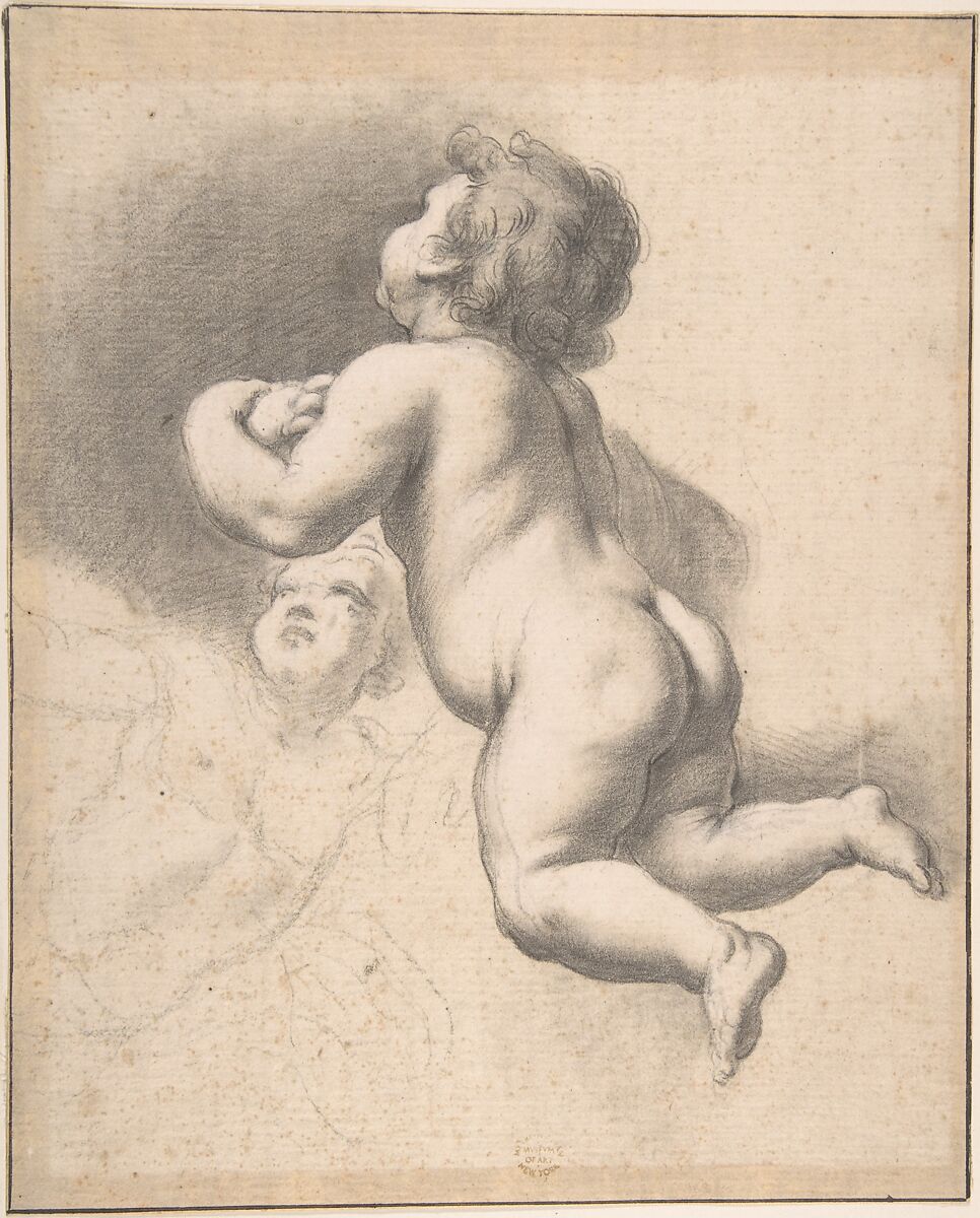 Cherubs, Anonymous, Italian, Roman-Bolognese, 17th century, Black chalk, stumped, with a few white highlights on light brown paper. Ruled framing outlines in brown ink 