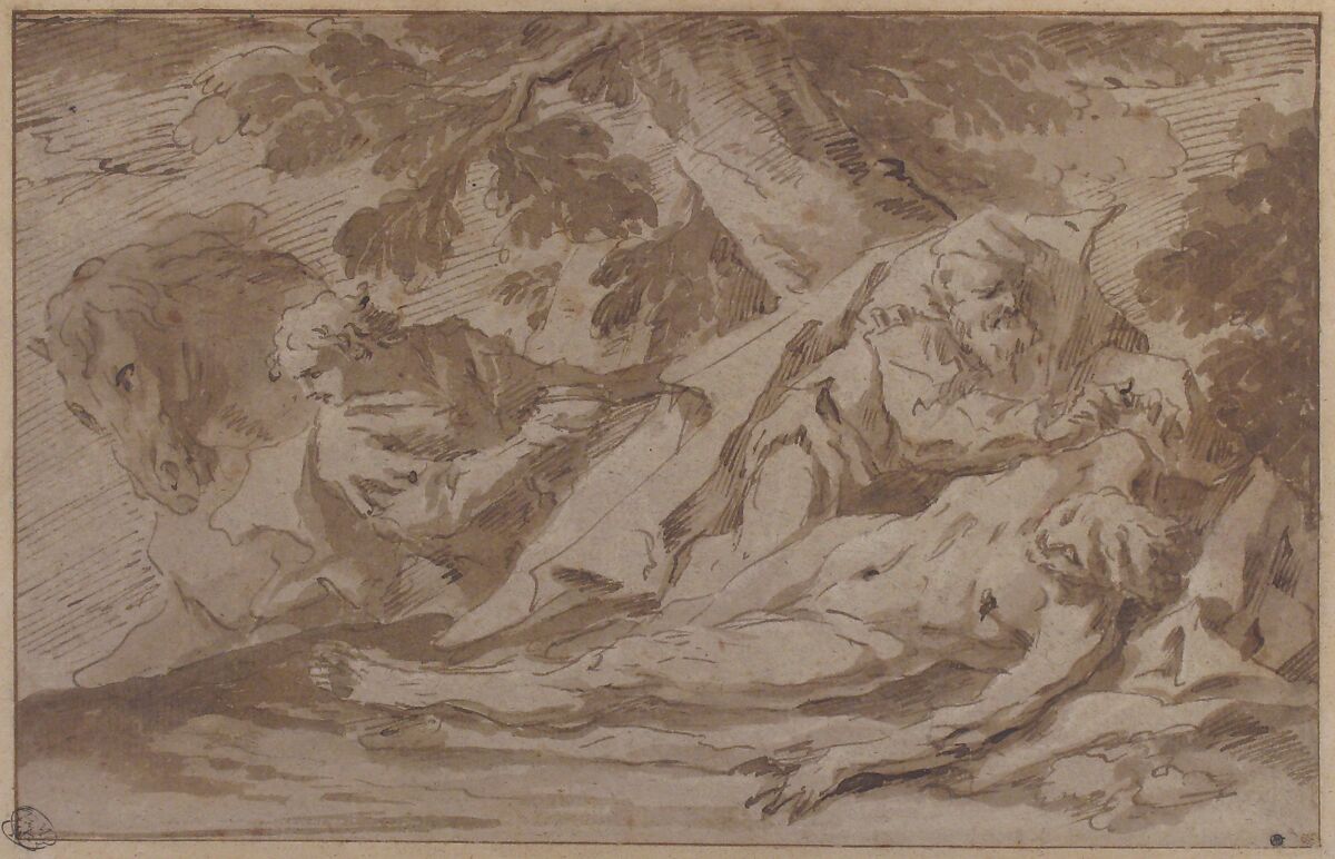 The Good Samaritan, Gaspare Diziani (Italian, Belluno 1689–1767 Venice), Pen and brown ink, brush and brown wash, highlighted with white, on beige paper; framing lines in pen and brown ink