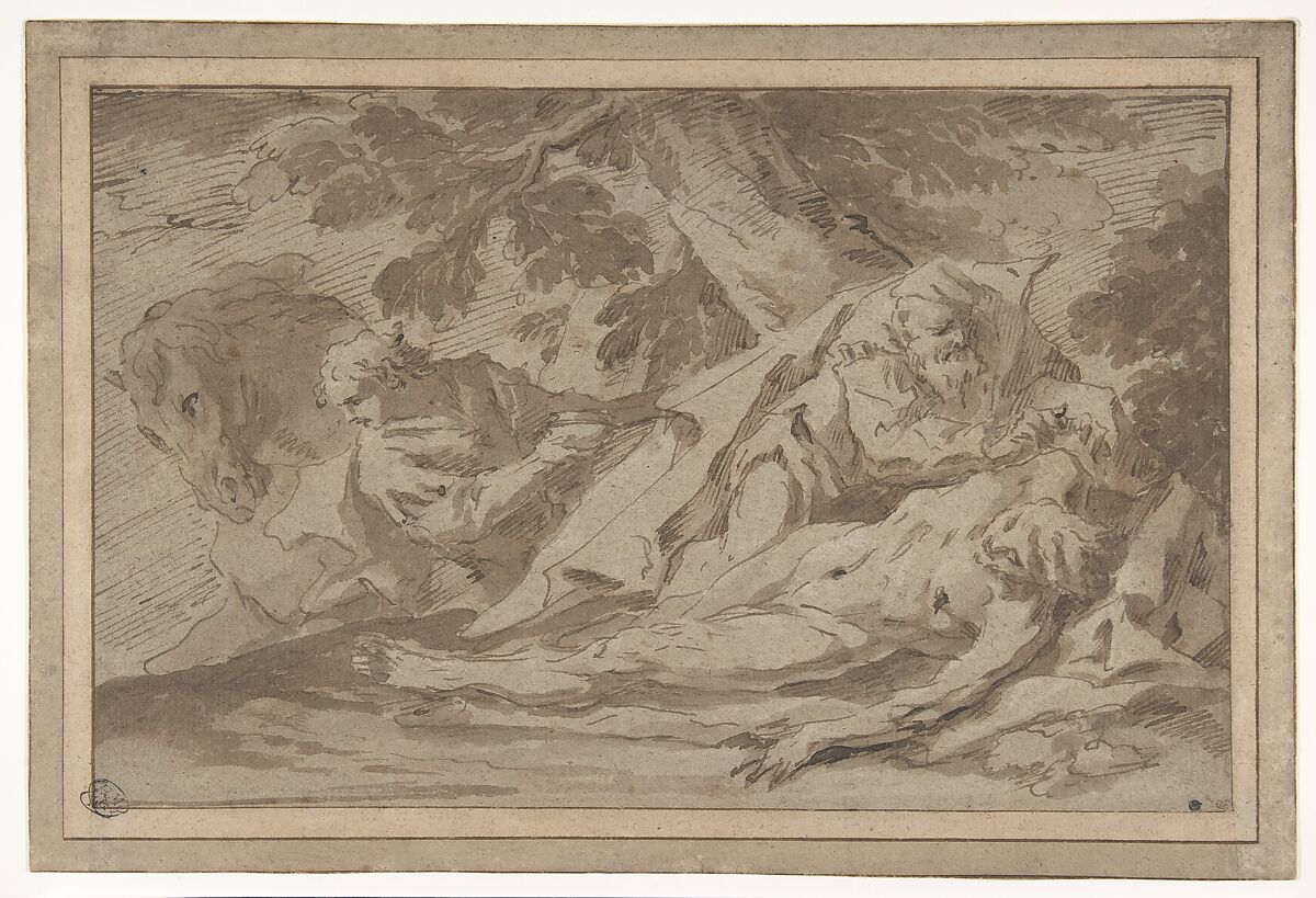 The Good Samaritan, Gaspare Diziani (Italian, Belluno 1689–1767 Venice), Pen and brown ink, brush and brown wash, highlighted with white, on beige paper; framing lines in pen and brown ink 