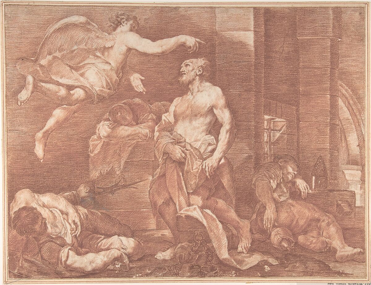 Saint Peter Released from Prison, Anonymous, Italian, Bolognese, 17th century, Red chalk over black chalk on cream paper. Drawing for an engraving; framing lines in red chalk 