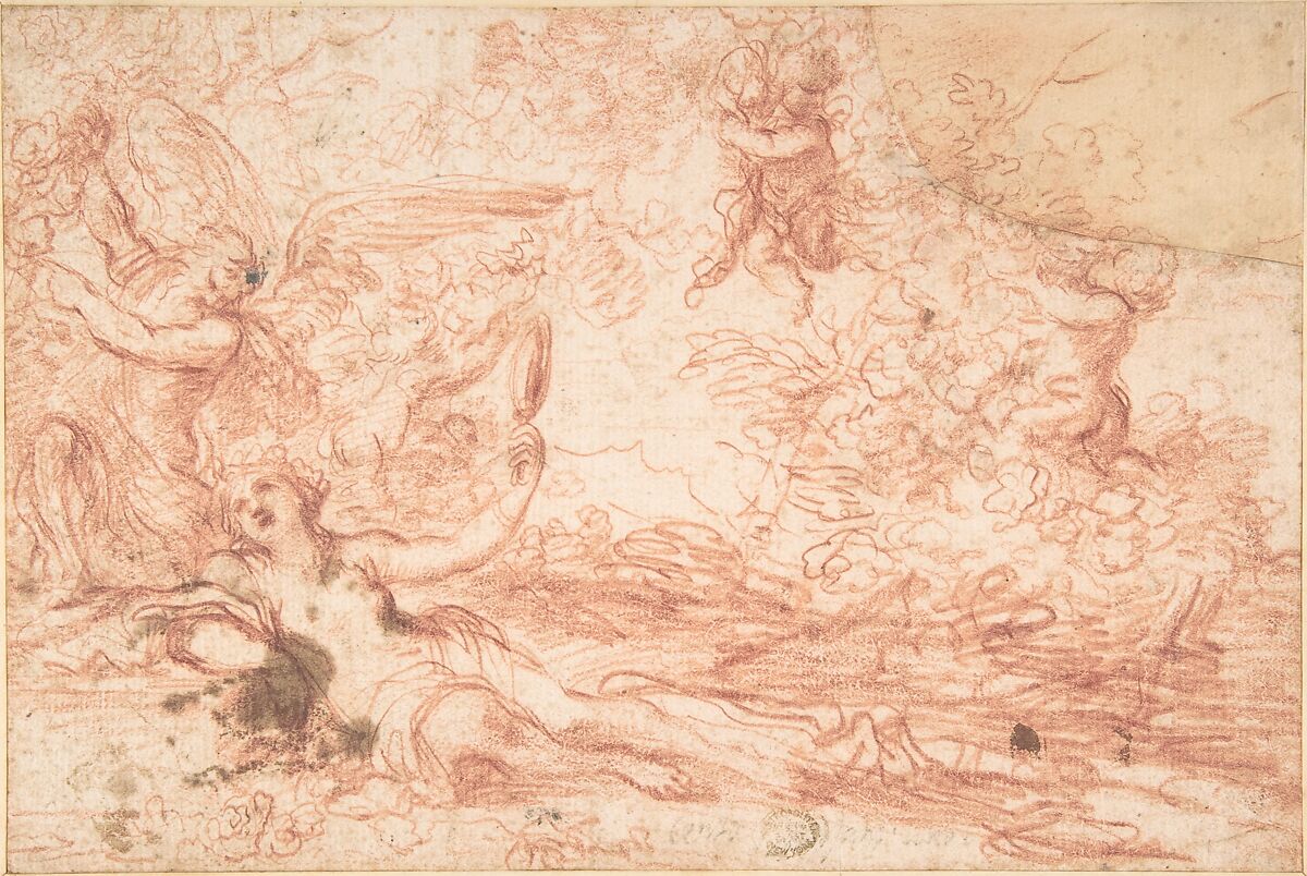 Mythological Scene, Anonymous, Italian, Bolognese, 17th century, Red chalk on cream paper 