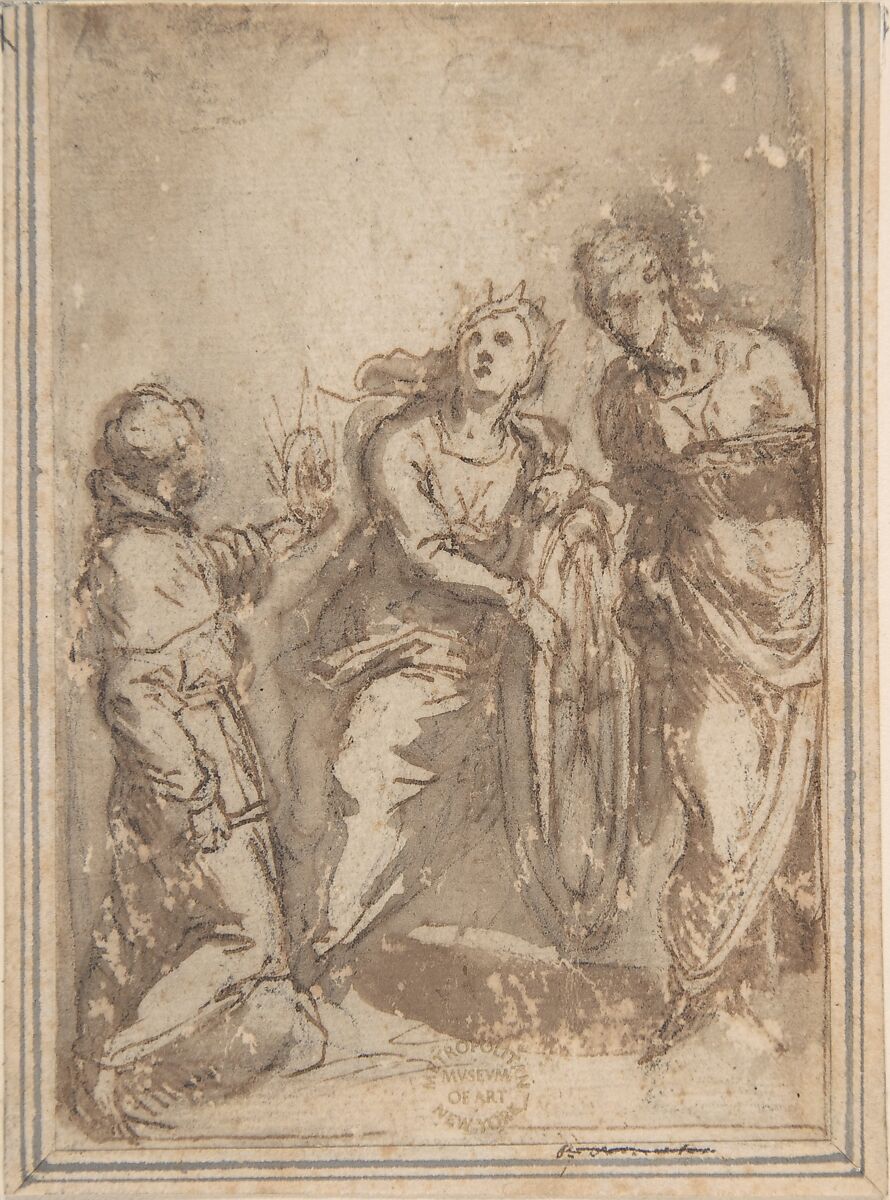 Saint Catherine Flanked by a Male and a Female Saint, Anonymous, Italian, Bolognese, 17th century, Pen and brown ink, brush and brown wash, over black chalk on light brown paper; framing outline on left, bottom and right edges in black chalk and brown ink 