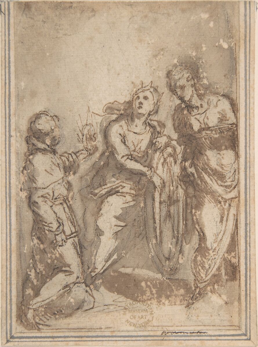 Saint Catherine Flanked by a Male and a Female Saint, Anonymous, Italian, Bolognese, 17th century, Pen and brown ink, brush and brown wash, over black chalk on light brown paper; framing lines on left, bottom and right edges in black chalk and pen and brown ink 