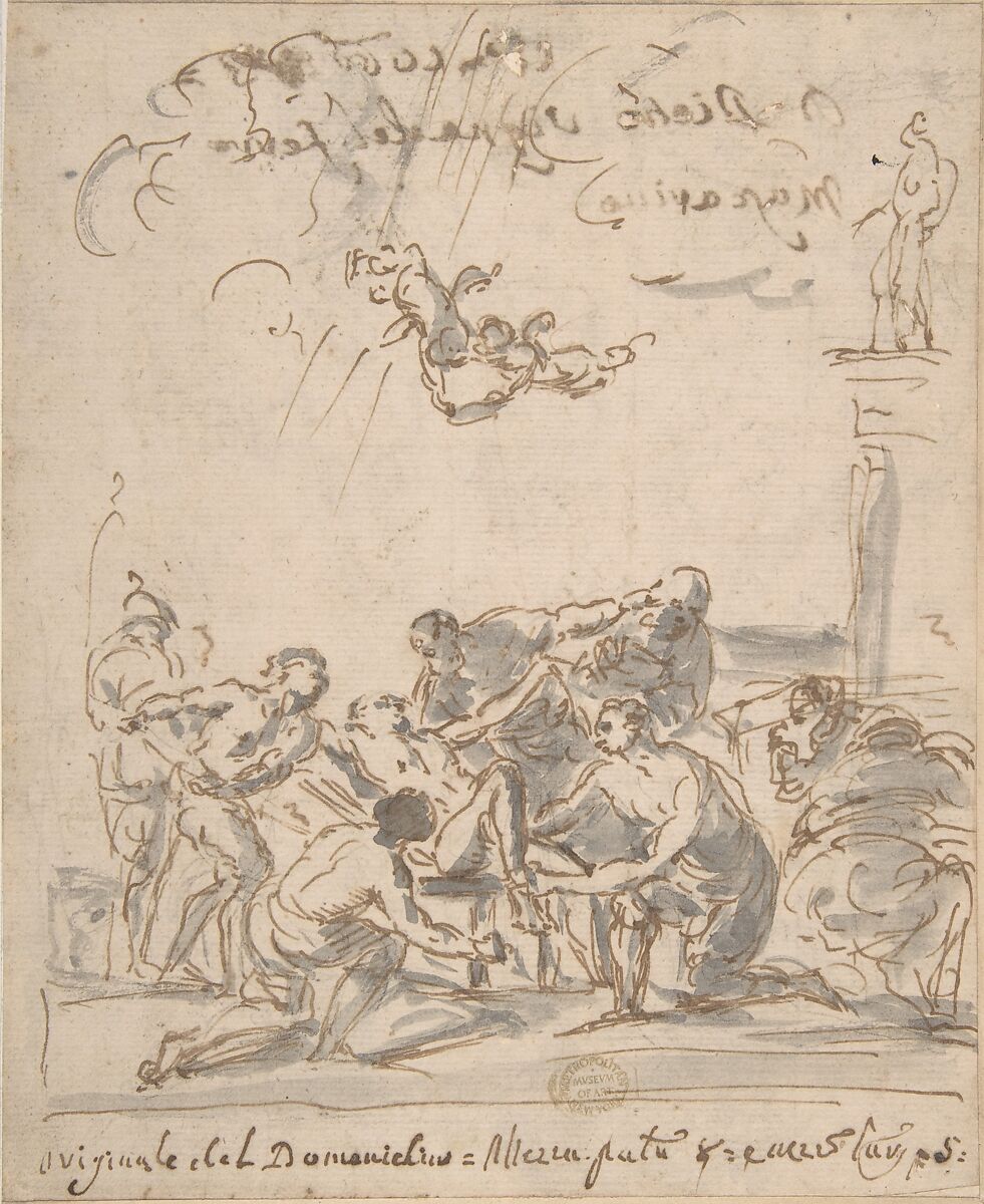Martyrdom of Saint Lawrence, Anonymous, Italian, Roman-Bolognese, 17th century, Pen and brown ink, brush and gray wash, over traces of black chalk on cream paper 