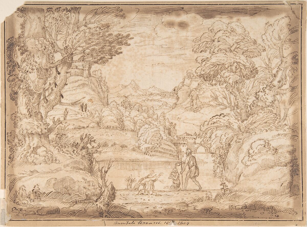 Landscape with the Baptism of Christ, Anonymous, Italian, Bolognese, 17th century, Pen and brown ink over traces of black chalk on light brown paper 