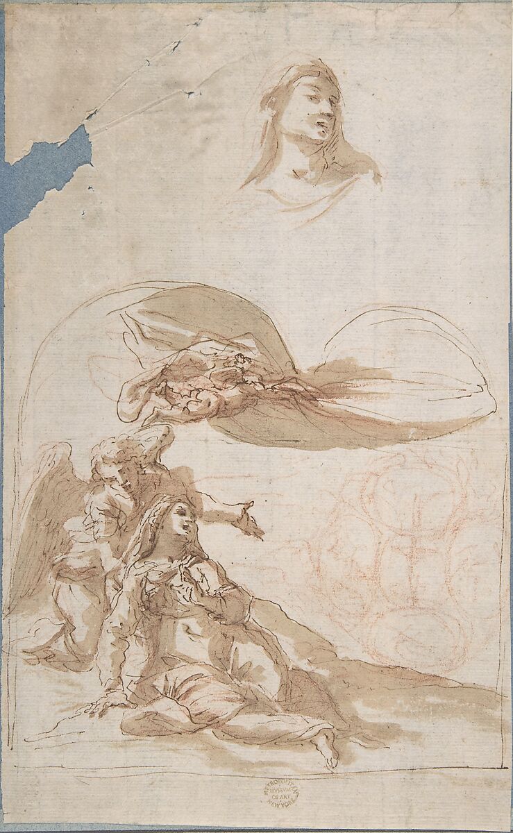 Saint in Ecstasy; Study of Saint's Head (recto); Sketches of Putti (verso), Anonymous, Italian, Roman-Bolognese, 17th century, Pen and brown ink, brush and brown wash, over red chalk on cream paper (recto). Framing outline in pen and brown ink. Black chalk (verso) 